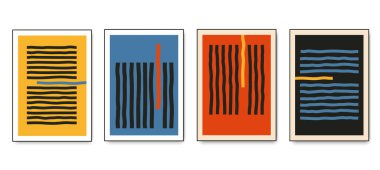 Dinamik çizgi elementleri olan minimalist geometrik posterler. Modern modaya uygun soyut yaratıcı şablonlar vektör resimlemesi.