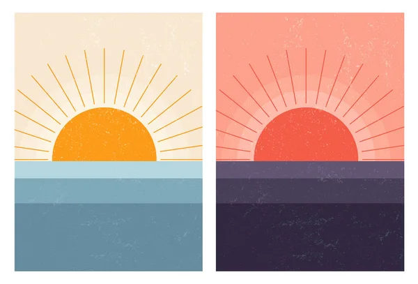 Atardecer amanecer en el mar. Paisaje escandinavo moderno de mediados de siglo. Mínimo arte naturaleza fondo. — Vector de stock