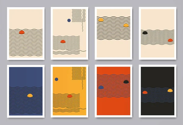 Modernos patrones geométricos minimalistas con líneas onduladas dinámicas y círculos. Plantillas creativas contemporáneas de moda para portadas de folletos, paredes, postales. Ilustración de stock