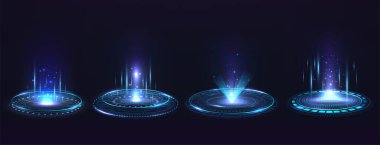 Hologram elementli bir geçit. Gelecekçi yüksek teknoloji dairesi sanal gerçeklik projektörü. Mavi ışıklı ve kıvılcımlı podyumlar..