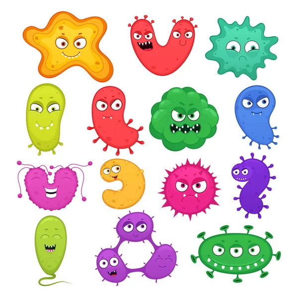 Conjunto Microbios Bacterias Virus Varias Formas Colores Microorganismos Bacterianos Dibujos — Vector de stock