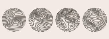 Dalgalı dinamik çizgilerin küreleri. Taklit sıvı geometrik şekiller. Soyut ağ tasarımı