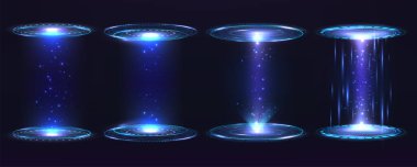Gelecekçi portal çemberi, hologram. Dijital elementler kümesi Sanal arayüz Mavi ışınlı Gui grafik hareketi.