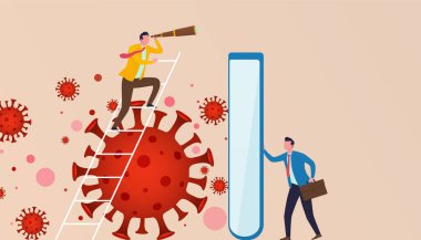 İş vizyonu, virüse karşı koruma ve girişimci ve şirketleri Coronavirus salgınından korumak. İş adamı salgından korunmak için bir kalkan tutuyor..