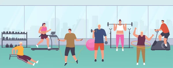 Modernt gym med panoramafönster, sportutrustning, träningsmaskiner för kvinnor och män. Människor gör olika övningar i gym upprätthålla en hälsosam livsstil. — Stock vektor