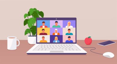 Evden çalışanlar, telekonferansla internetten konuşur ya da öğrenirler. Dünyanın herhangi bir yerinden çalışırlar. Konferans video çağrısı.