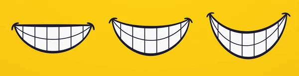 Sorria, lábios sorridentes, boca, emoções faciais alegres. Conjunto de desenhos animados rindo com dentes. — Vetor de Stock