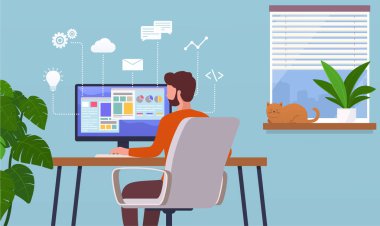 Evde çalış. Uzaktan kumandayla çalışan serbest çalışan bir adam, internet kariyeri. Merkez ofis kavramı.