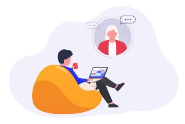 Bilgisayarlı bir adam sanal asistan kullanıyor, online eğitim, evde eğitim. E-öğrenme kavramı.