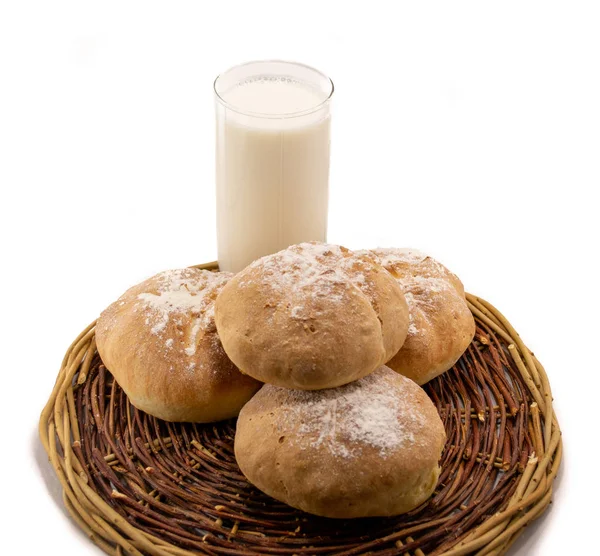 Fresh Baked Homemade Bread Wicker Wood Basket Glass Milk — Stock Photo, Image