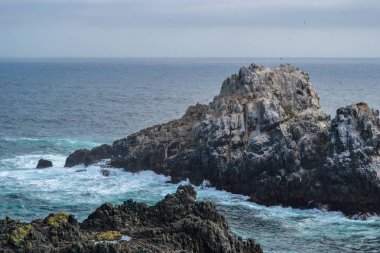 Pasifik Okyanusu mavi sularda deniz kayalıklarla