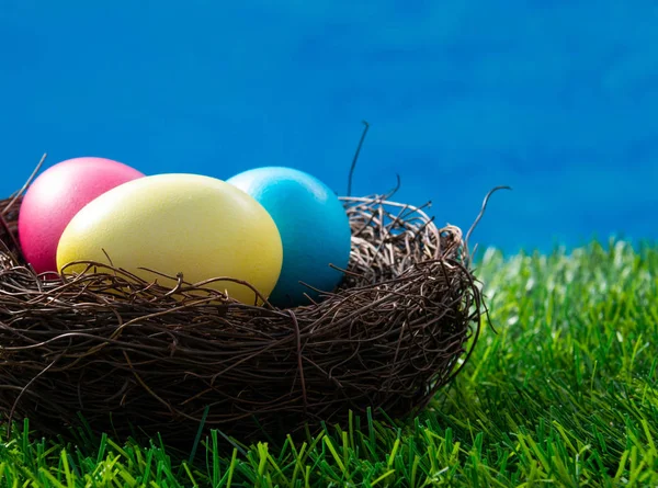 Tres Huevos Pascua Pintados Nido Sobre Hierba Verde Contra Cielo —  Fotos de Stock