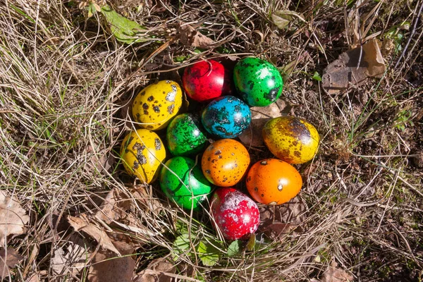 Œufs Pâques Peints Sur Herbe Printemps — Photo