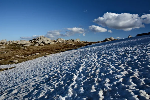 Snowy slope in Snowy Mountains with a cloud on the clear blue sky. Trail to the Mount Kosciuszko