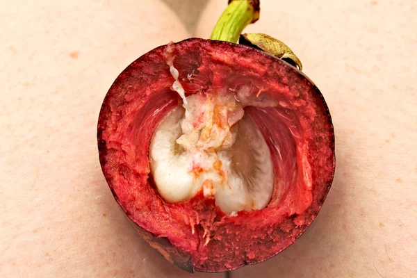 Single mangostan fruit cut in half. Red pulp with white edible fruit inside.