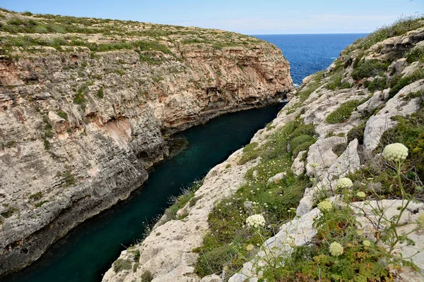 La garganta de Wied il-Ghasri en la isla Gozo se encuentra con el mar — Foto de Stock