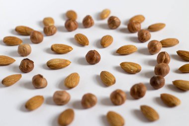 avuç fındık beyaz bir arka plan, badem ve fındık