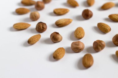 avuç fındık beyaz bir arka plan, badem ve fındık