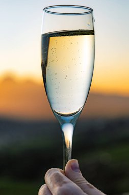 Elinde bir bardak köpüklü şarap, gün batımı ışığı.