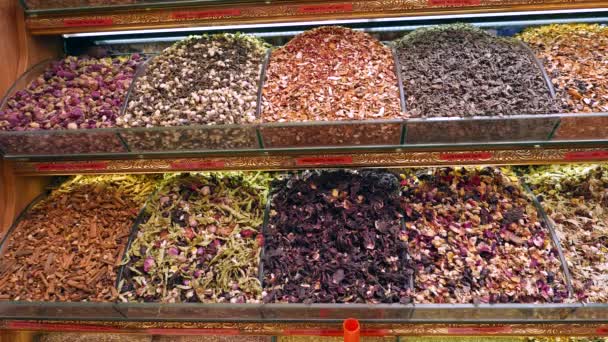 Různé Druhy Čaje Prodej Uvnitř Spice Bazaar Istanbul Turecko — Stock video