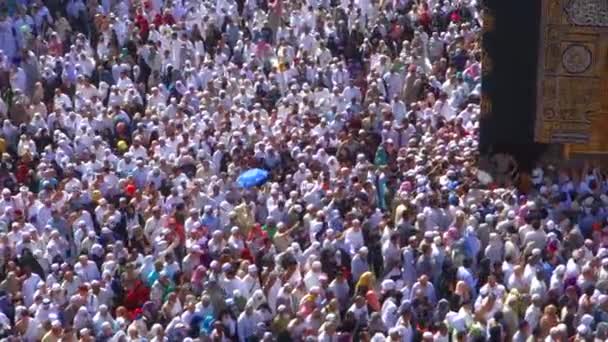 沙特阿拉伯麦加 Circa 2014 穆斯林朝圣者悬挂在沙特阿拉伯麦加的马斯吉迪尔圣地的 Kaaba 大门上 世界各地的穆斯林在祈祷期间面对卡巴 — 图库视频影像
