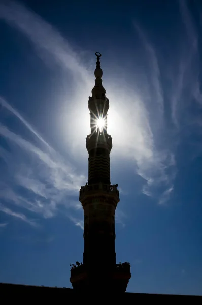 Silhueta Minarete Uma Mesquita Retirado Composto Masjid Nabawi Minarete Madinah — Fotografia de Stock