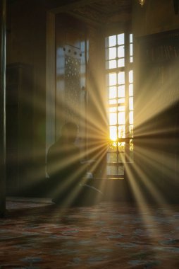 bir adam İstanbul Sultanahmet camii içinde kurulan kasıtlı lens parlama güneş ile Kur'an veya Al Kur'an okur, Türkiye.
