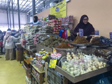 KUALA TERENGGANU, MALAYSIA-JULY 31, 2019 : Rows of stalls sellin clipart