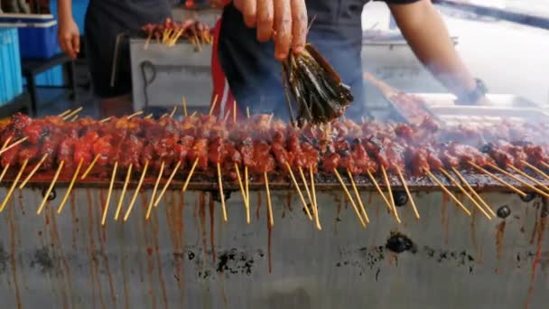 Hot Red Spicy Satay Grilled Beef Skewer — Stock Video