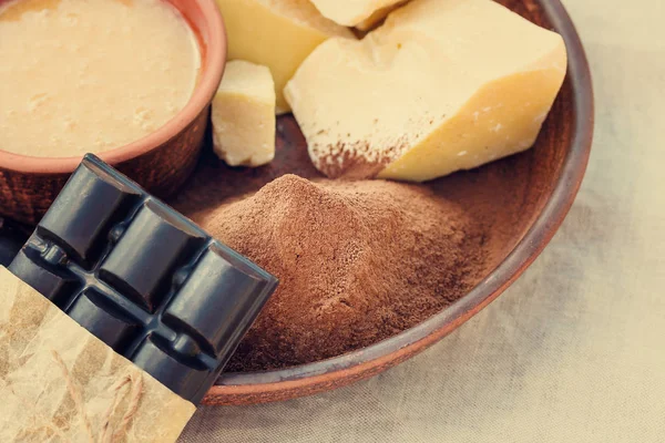 Ingredientes Para Preparação Chocolate Orgânico Kerob Manteiga Cacau Mel Vegan — Fotografia de Stock