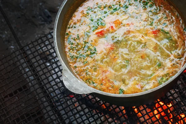 Deliciosa Sopa Fresca Cocinada Una Olla Grande Junto Una Chimenea —  Fotos de Stock