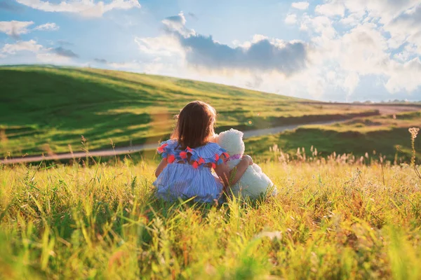 Una bambina con un vestito di 3 anni è seduta sull'erba con un orsacchiotto sull'erba e si abbraccia. Concetto - amicizia e amore per la natura. Un bambino in un prato con un giocattolo gode del paesaggio . — Foto Stock