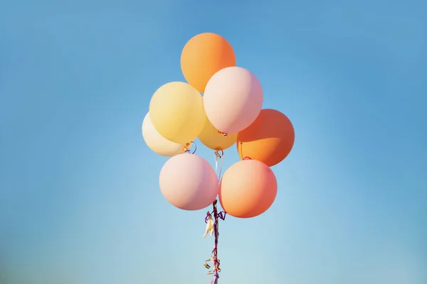 pink coral yellow white balloons against the blue sky, pastel colors, multi-colored round shape, party, day, close-up