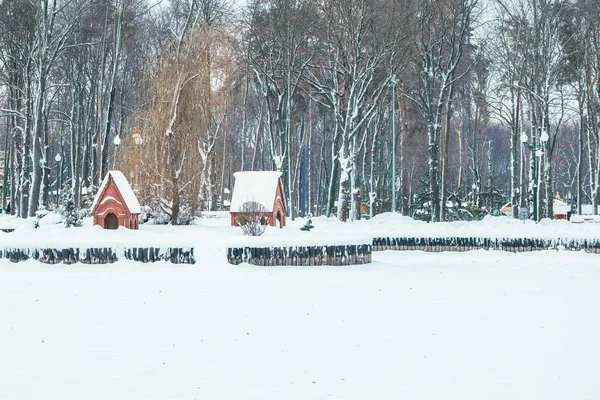 Paisaje invernal con copos de nieve - parque nocturno con casita entre árboles helados de invierno — Foto de Stock