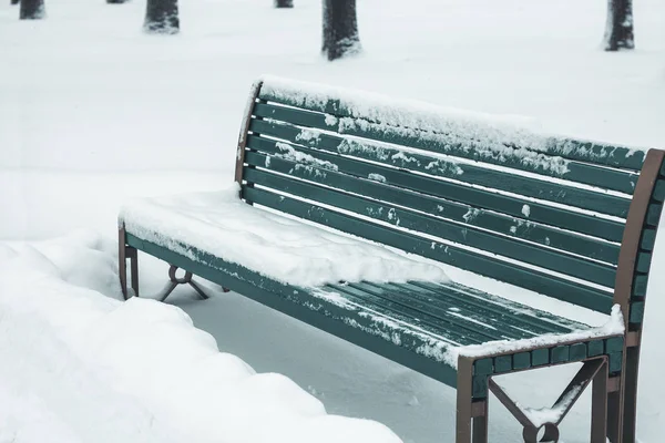 Temporada de invierno, un banco en el parque de Ucrania está cubierto de nieve — Foto de Stock