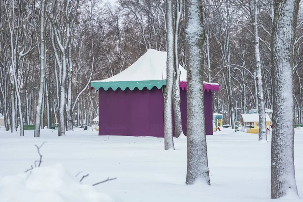 Paisaje invernal con copos de nieve - parque nocturno con casita entre árboles helados de invierno — Foto de Stock