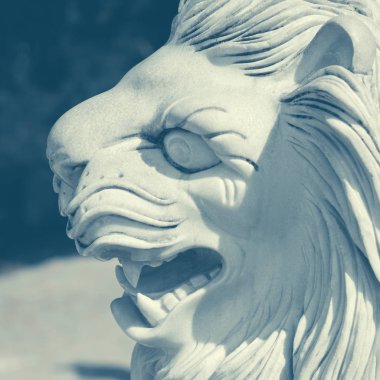 Beyaz aslan heykeli. Ton halinde. Baş, yakın plan.