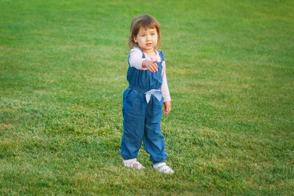 A little girl with blond hair 3 years old is standing on a green meadow and is pointing at something, copyspase — Stock Photo, Image