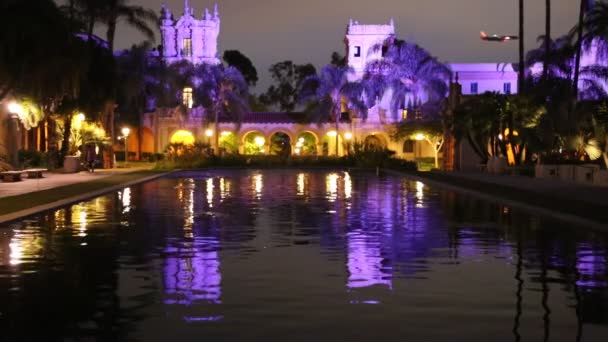 Reflexión Nocturna Balboa Park San Diego California — Vídeos de Stock