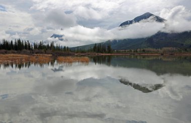 Ağaçlar, bulutlar ve kükürt dağ - Vermilion Gölü, Banff National Park, Alberta, Kanada