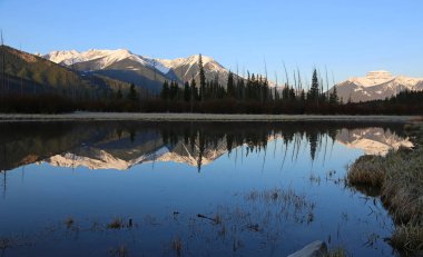 Sundance tepe ve ağaçların yansıması - Vermilion Gölü, Banff National Park, Alberta, Kanada
