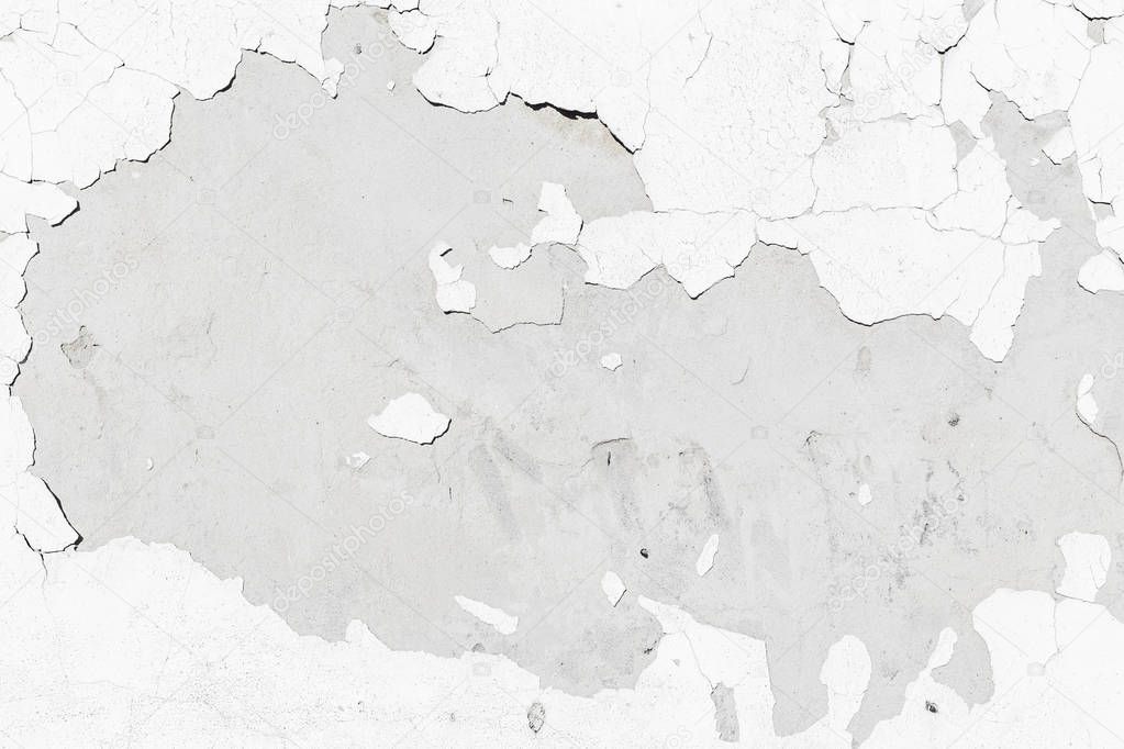 Cement wall texture background with grey grungy stucco, white peeled paint, cracks and stains