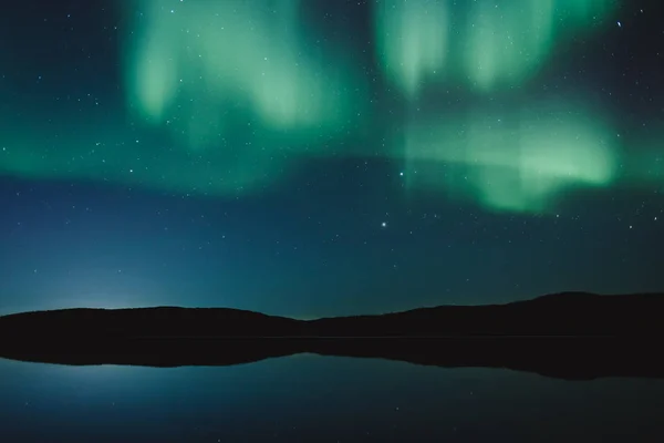Minimalistic Landscape Green Northern Lights Stars Night Sky Lake Calm — Stock Photo, Image