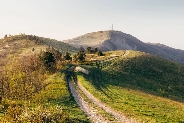 Beautiful spring landscape on the mountain ridge with the view of the road to the top and blooming trees at sunset. Traveling in Krasnodar krai. Markotkh Ridge, Gelendzhik, Russia
