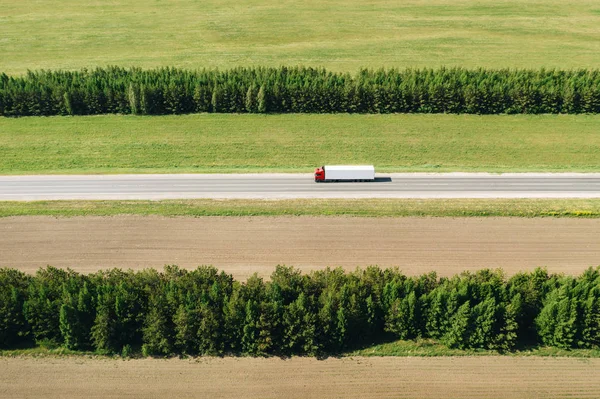 Aerial shot of red semi truck with white cargo trailer on the highway in a countryside between two rows of trees on a sunny day. Transportation in a summer season
