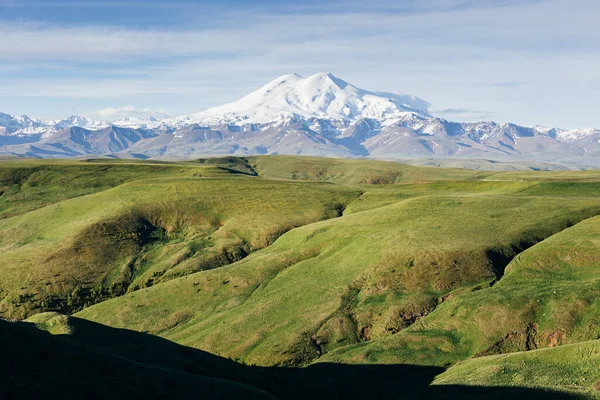 Elbrus Dağı ve güneşli yaz sabahında yeşil dağlık çayırlar. Karachay-Cherkessia, Kuzey Kafkasya, Rusya 'daki dağ manzarası