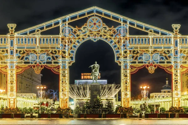 Christmas in Moscow. Tverskaya Square in Moscow. The inscription on the monument in Russian: the founder of Moscow, Yuri Dolgoruky