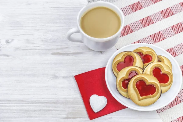 Valentine Day Morning Coffee Pastries Hearts — Stock Photo, Image