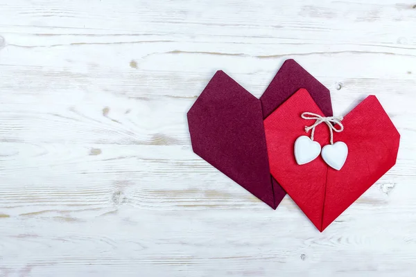 Valentine Day Two Hearts Red Napkins — Stock Photo, Image