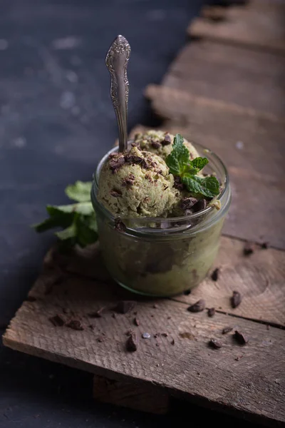close-up of avocado ice cream, focus on foreground